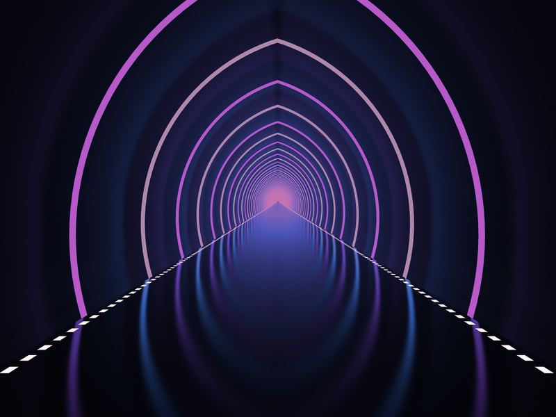 A glowing tunnel of pointed arches in blue and violet light, leading to a bright point.